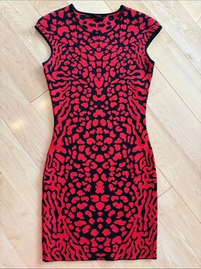 RVN Red and Black Animal-Print Knit Sheath Mini Dress